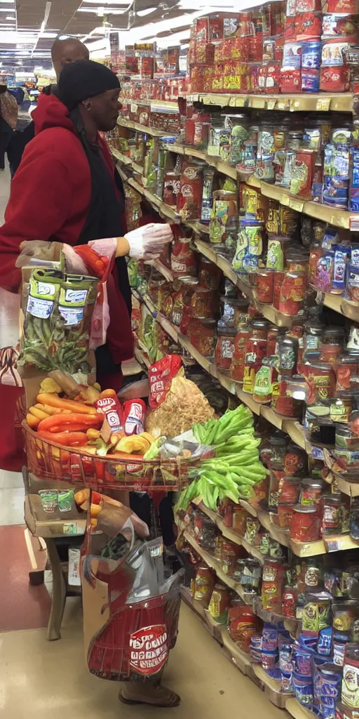 Prompt: jar jar binks shopping at a trader joes,