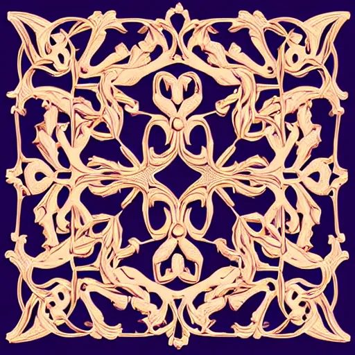 Prompt: geometrically displaced rococo floral filigree, dramatic lighting with hints of neon trim, bilateral symmetry, full color