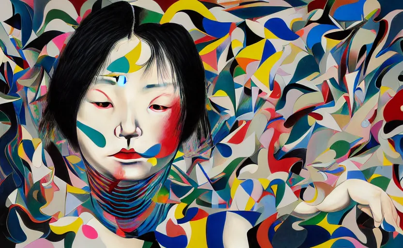 Image similar to decollage painting young japanese actress chased by unconsciousness fear by adrian ghenie and takato yamamoto and edward hopper and mark ryden and tsutomu nihei, part by bridget riley, acrylic pour and splashing paint, very coherent, baroque elements, perfect anatomy, intricate design. pop art.