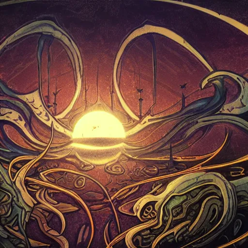 Image similar to art nouveau solar eclipse, chaos, night, rot, blood, epic art, dark souls, highly detailed and intricate, trending on artstation