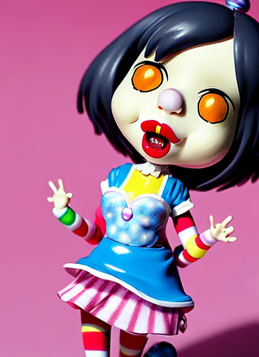 Image similar to a hyperrealistic lowbrow oil panting of a sad clown kawaii vocaloid figurine caricature with pretty sparkling anime eyes ugly crying with big tears running down her face featured on wallace and gromit by arthur szyk