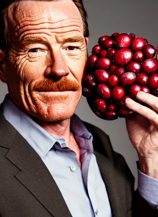 Prompt: bryan cranston with a huge cranberry on his head, cranberry helmet, studio light, bloom, detailed face, magazine, press, photo, steve mccurry, david lazar, canon, nikon, focus