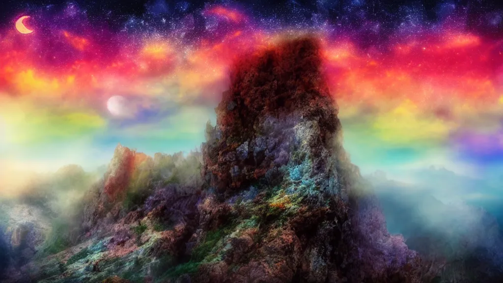 Prompt: colorful sky, mist, moon and stars, jagged cliffs In the style of Midjourney