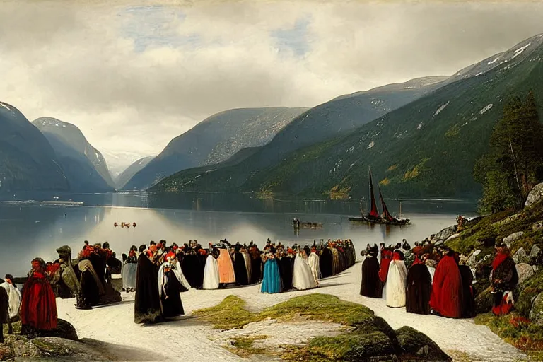 Image similar to the bridal procession on the hardangerfjord by hans gude, adolph tidemand