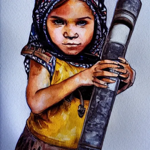 Image similar to hyper realistic tribal girl holding a rocket launcher, watercolor, cinematic