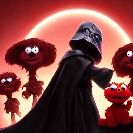 Image similar to Elmo the dark sith Lord meets the younglings, movie still