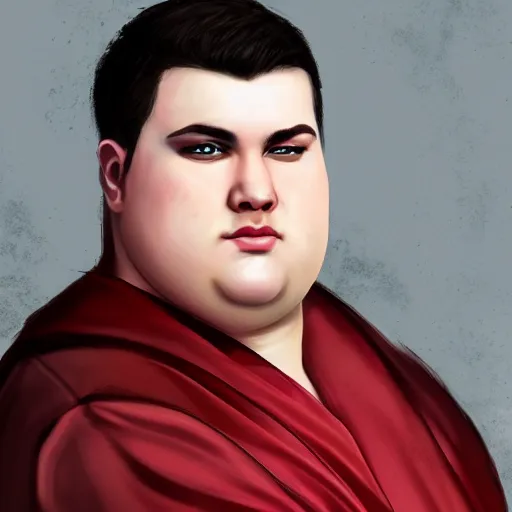Image similar to realistic portrait, 25 years old man :: overweight fantasy mage :: green eyes, short black hair :: wearing a red brown robe :: high detail, digital art, RPG, concept art, illustration