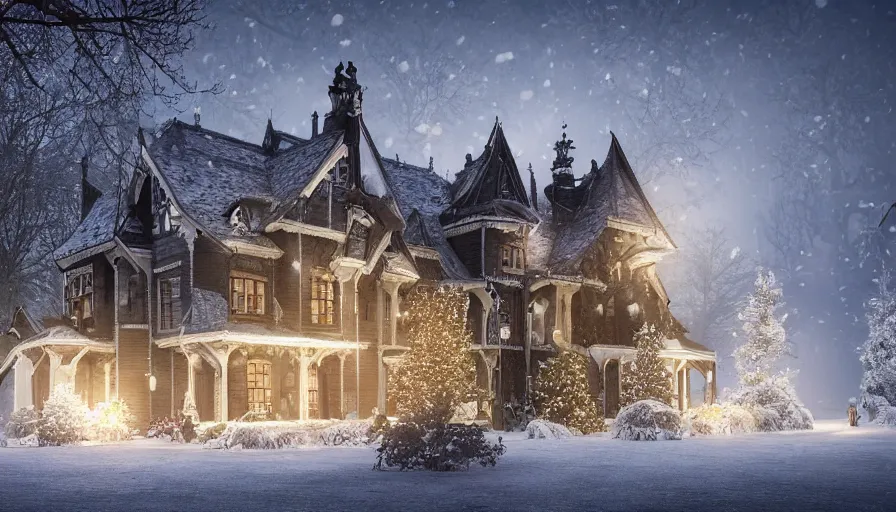 Image similar to Realistic image of a black Neo-Gothic manor with Christmas light built in a middle of snowy mountains with smoke coming out of the chimney at night, snowmen outside, hyperdetailed, artstation, cgsociety, 8k