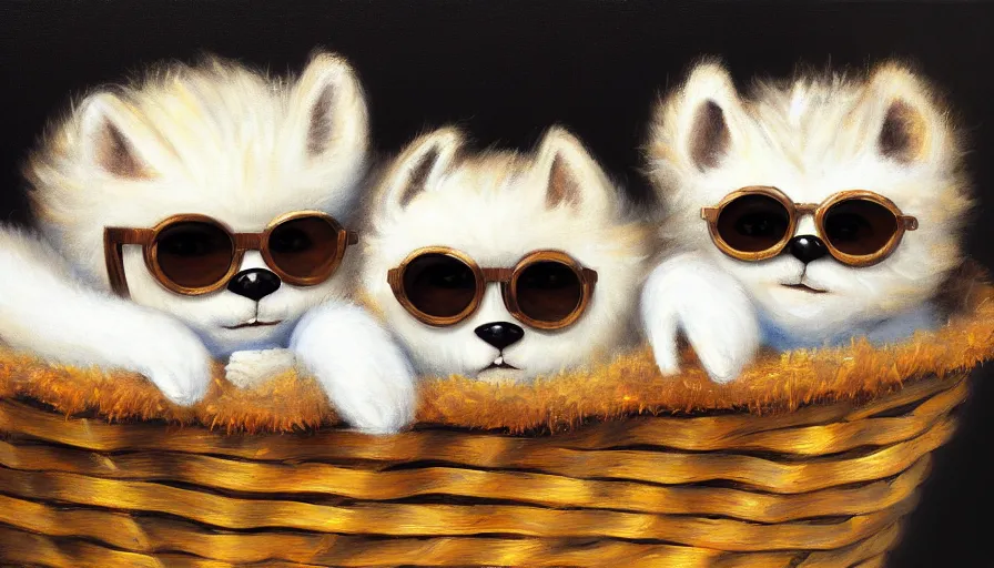 Image similar to highly detailed painting of cute furry furbys wearing shades cuddling up in a basket by william turner, thick brush strokes and visible paint layers, 4 k resolution