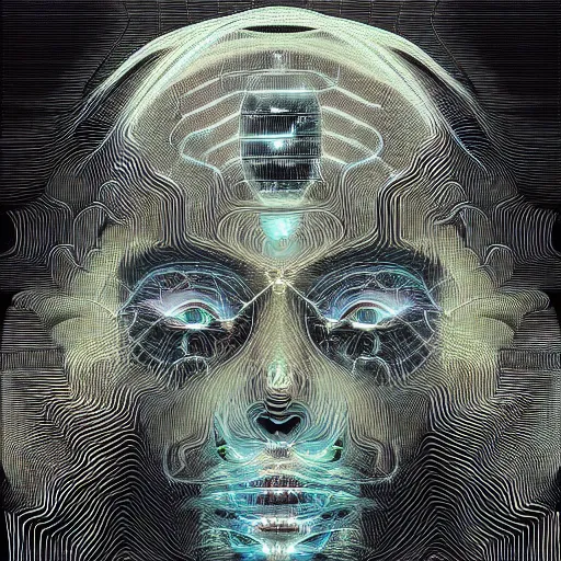 Image similar to beautiful portrait of intelligence, spatial space deformation in latent space, math art, digital circuits, wires, astral plane, by artgerm and dan mumford and gustave dore, ambient occlusion