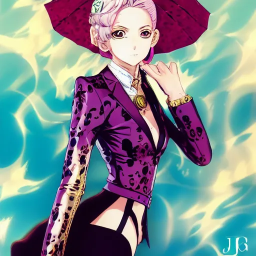 Image similar to Magazine Cover Anime key visual of a Gucci girl; official media; typography; drawn by Hirohiko Araki; Jojo's Bizarre Adventure; Jojolion, portrait, made by Stanley Artgerm Lau, WLOP, Rossdraws, James Jean, Andrei Riabovitchev, Marc Simonetti, Yoshitaka Amano, ArtStation