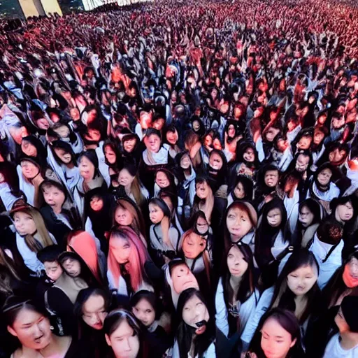 Image similar to 4 k wide angle gigantic army of instagram models surrounding the futuristic chinese tik tok headquarters during a protest with torch lighting at dusk