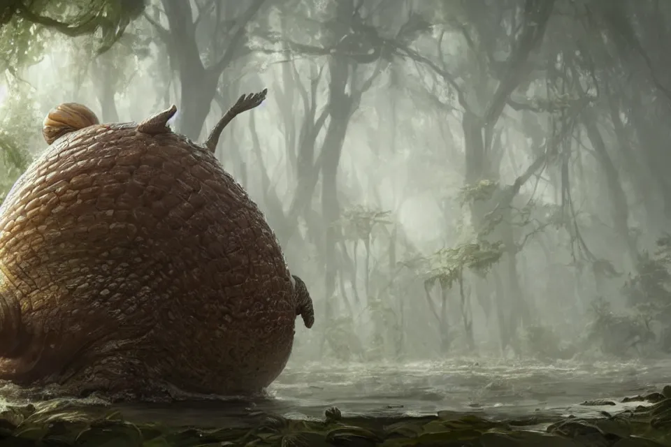 Prompt: giant monster snail, sunny clear swamp, character art by Greg Rutkowski, 4k digital render