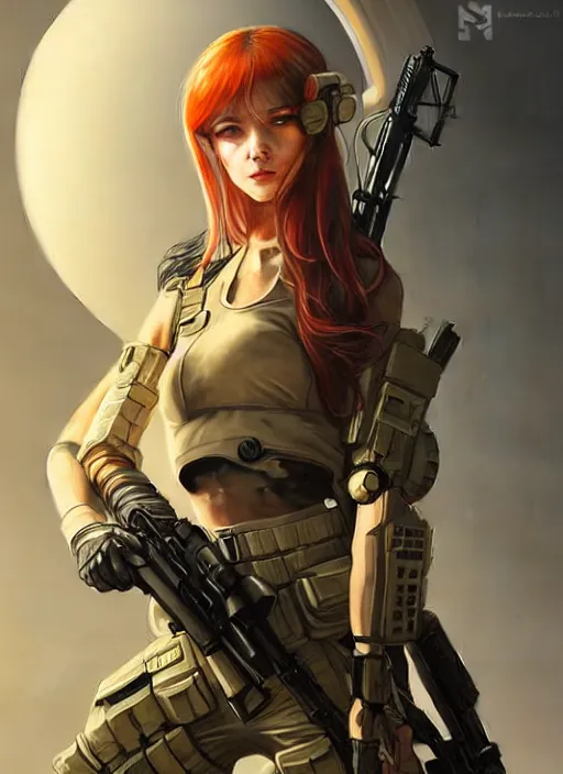 Prompt: a sexy alluring ukraine sniper girl in war, with futuristic gear and helmet, portrait by nina masic and ross tran and miho hirano, detailed, epic video game art, warm color tone