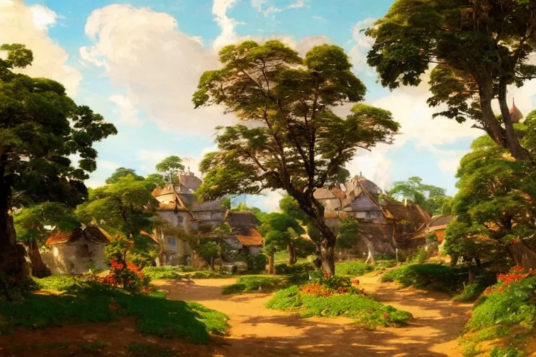 Image similar to a beautiful landscape of a tiny futuristic village in the french countryside during spring season, painting by studio ghibli backgrounds and frederic edwin church hd and louis remy mignot hd, nice spring afternoon lighting, smooth tiny details, soft and clear shadows, low contrast, perfect