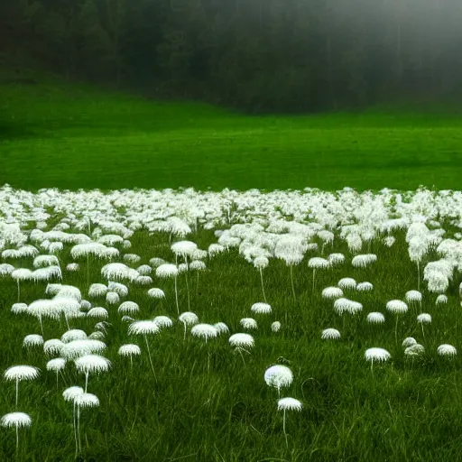 Image similar to a field completely covered by white detailed dandelions, gloom, volumetric lighting