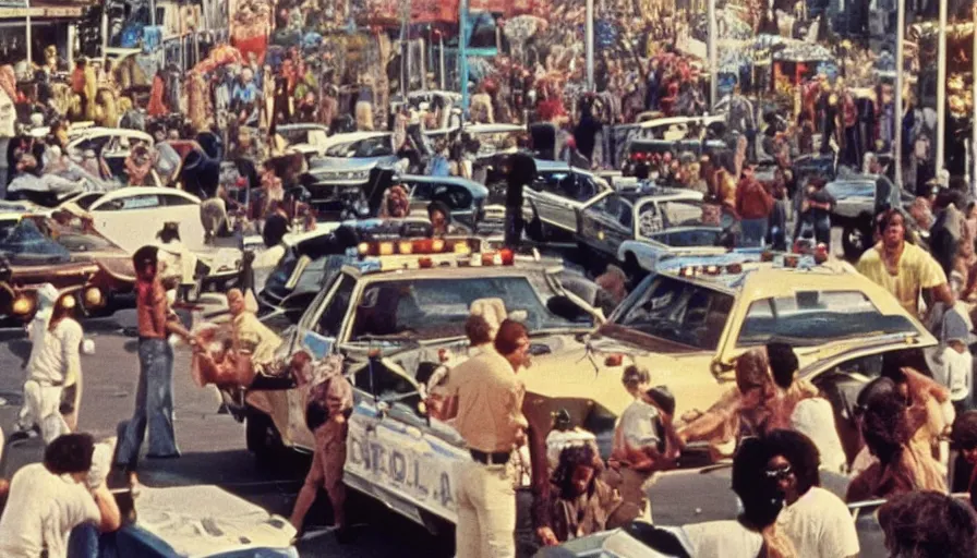 Image similar to 1975 color! movie about cops and police cars raiding a carnival.