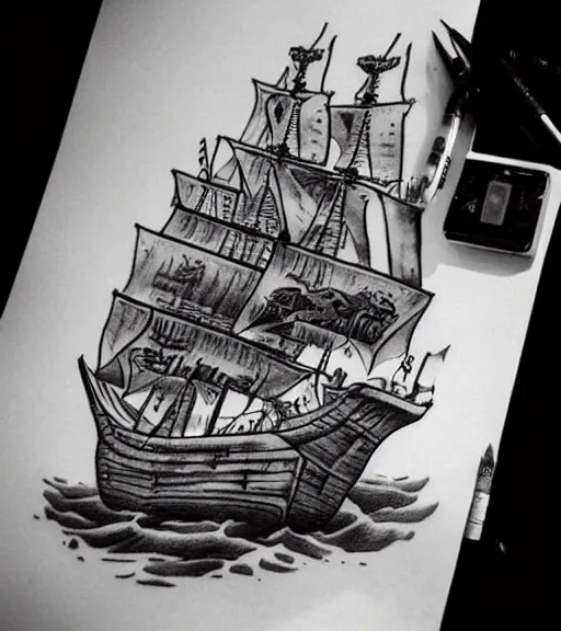 Image similar to A realistic tattoo design sketch of a pirate ship, white background, black and white, highly detailed tattoo, realistic tattoo, realism tattoo, beautiful shades