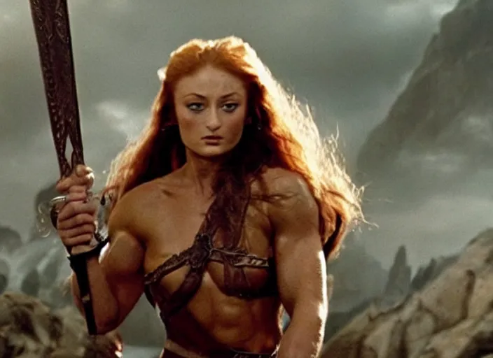 Prompt: still of muscular sophie turner in conan the barbarian directed by frank frazetta, high resolution