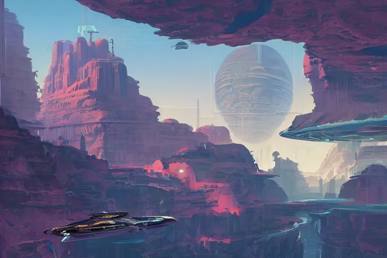 Image similar to a matte painting of a solarpunk city floating above a canyon by syd mead and peter mohrbacher and james gilleard