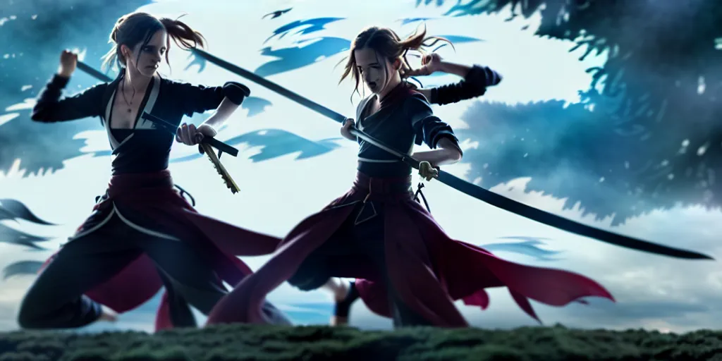 Image similar to a very detailed key visual of emma watson in demon slayer, action lines, ufotable, greg rutkowski, high resolution, dynamic pose, landscape, medium portrait, samurai outfit, action, hyper realistic, koyoharu gotouge, sakuga