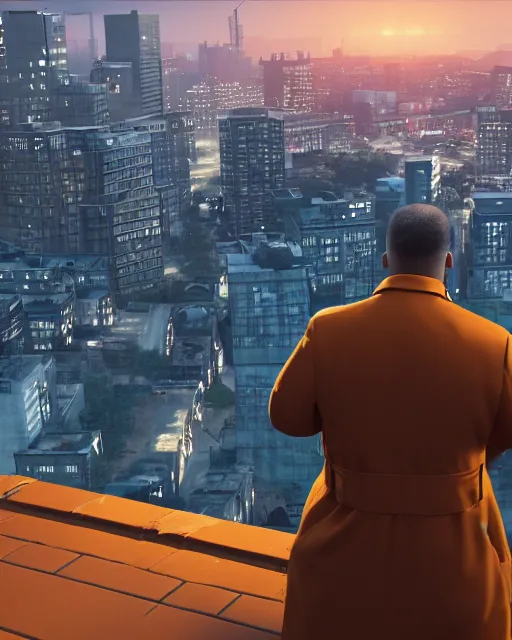 Prompt: a fat orange cat on a night rooftop scene, close up shot of a photorealistic gangster wearing a trench coat looking at the city below, unreal engine, hyper realism