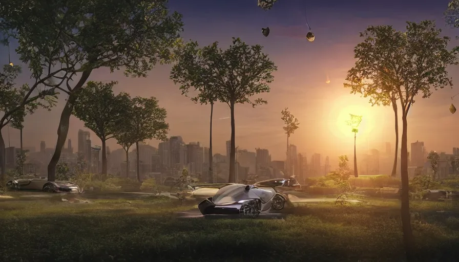 Image similar to photo of sunrise over a beautiful solarpunk city, many trees, flying cars, dramatic lighting, romantic, eco system, hyper realistic,