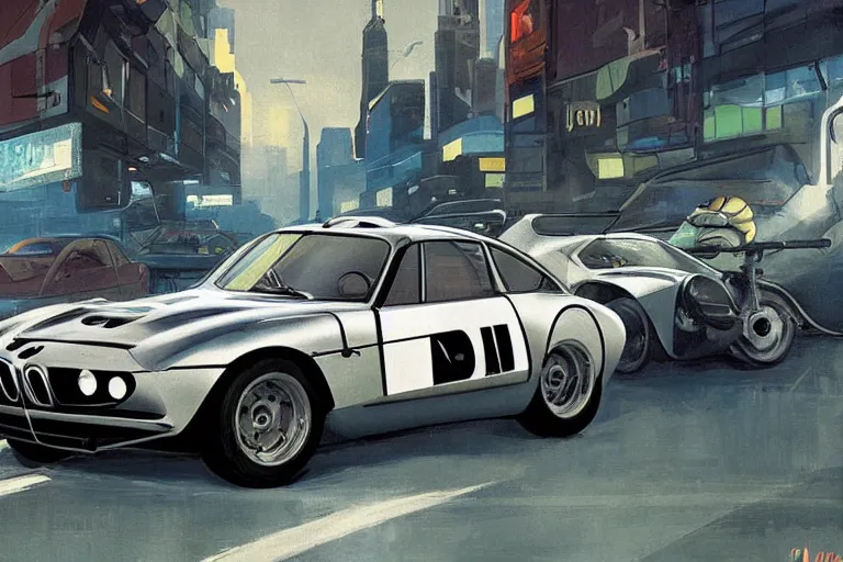 Prompt: 1955 BMW M1 Stratos, city in cyberpunk style by Vincent Di Fate