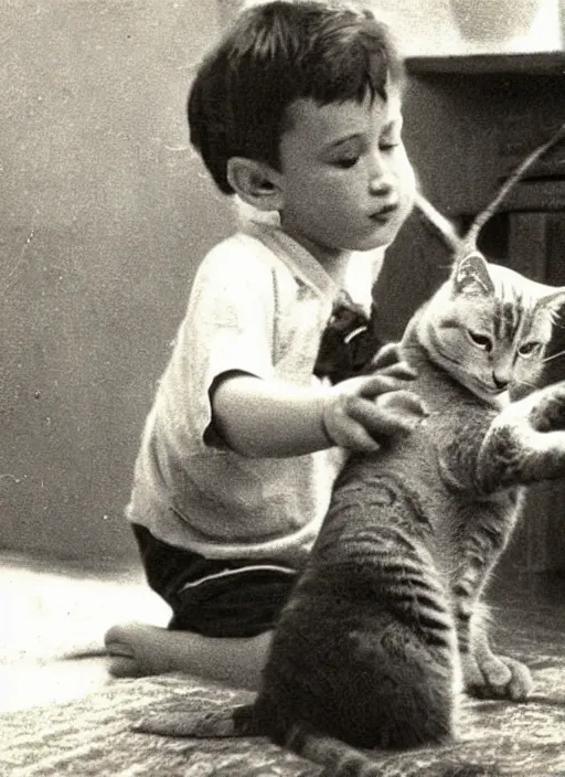 Prompt: old photo of a young boy recording a video of his cat for TikTok