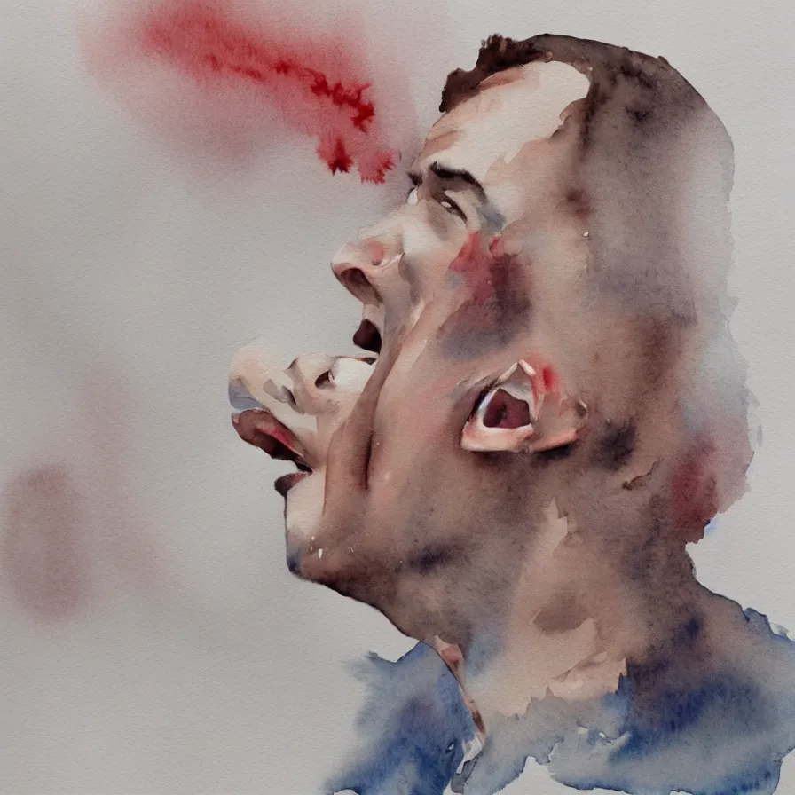 Prompt: watercolour artwork about a man's head bursting into imaginary white smoke.