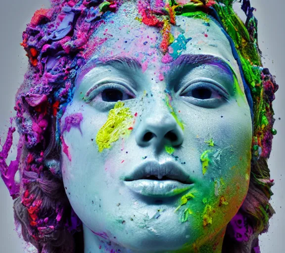 Image similar to still shot footage of a female greek god statue's head morphing into paint frottage, and decalcomania, acrylic pour and coloured powder explosion and splashing paint and dripping paint and flying paint chunks, embossed paint, closing eyes, motion blur, hyperrealistic, intricate art photography, hyperrealistic, anatomically correct, realistic crisp textures, 1 6 k