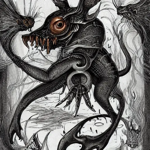 Image similar to bestiary of creatures from the depths of the unconscious psyche