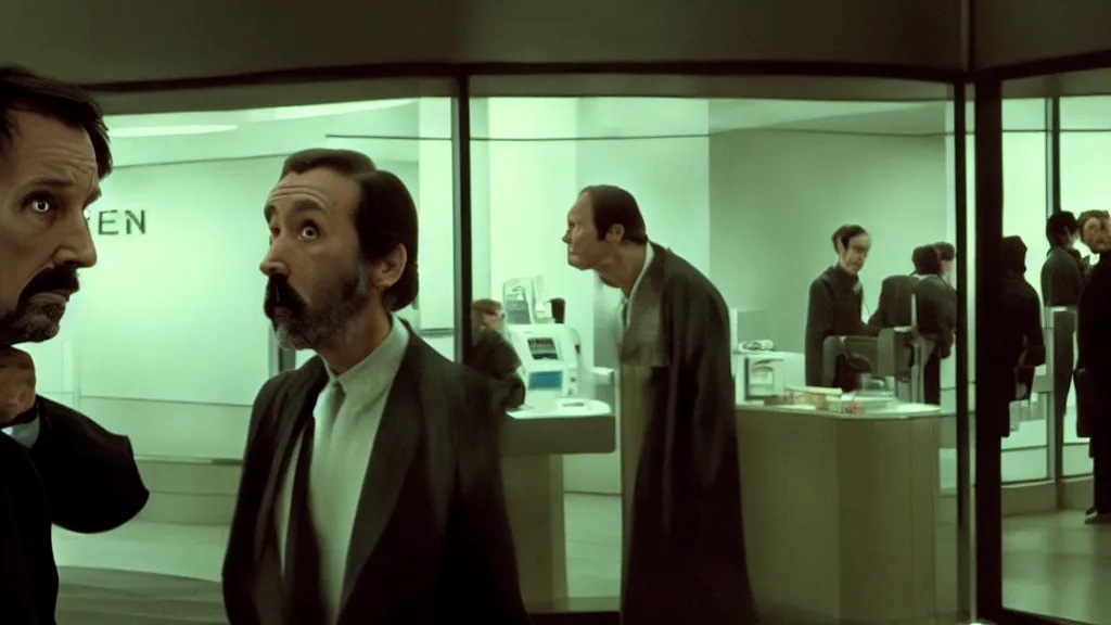 Image similar to the strange! creature! in line at the bank, film still from the movie directed by Denis Villeneuve with art direction by Salvador Dalí, wide lens