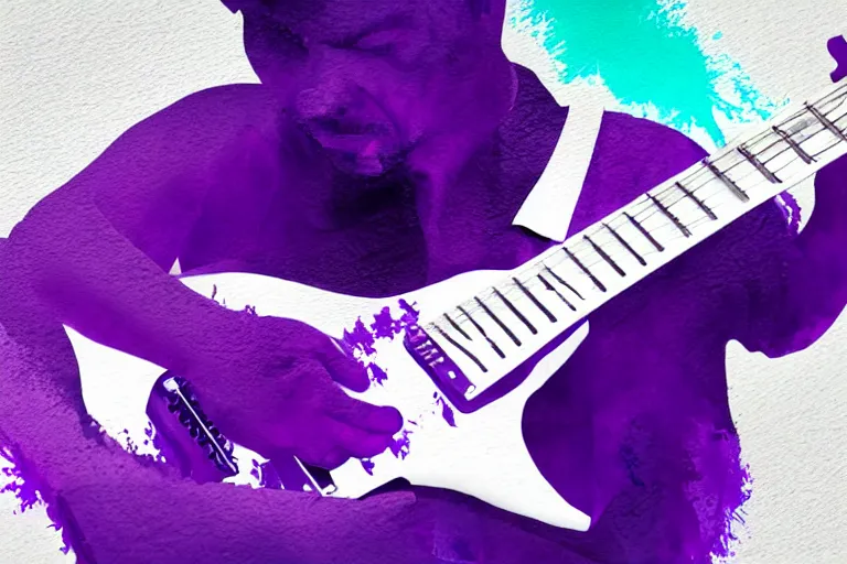 Image similar to dripping purple faded paint across the shape of a male human playing guitar, realistic, high detail, on a white damage background