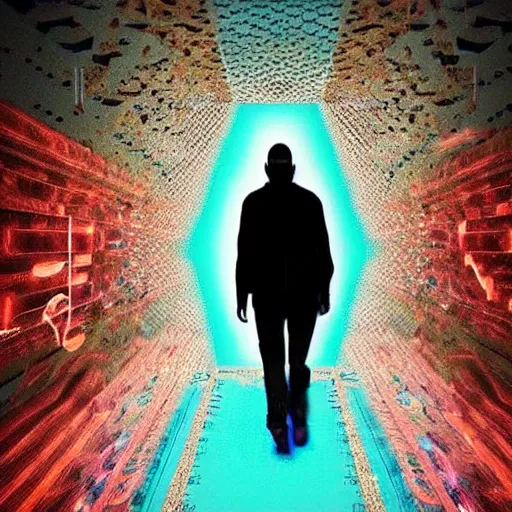 Prompt: “ man walking into a glitch portal, simulated reality, illusion ”