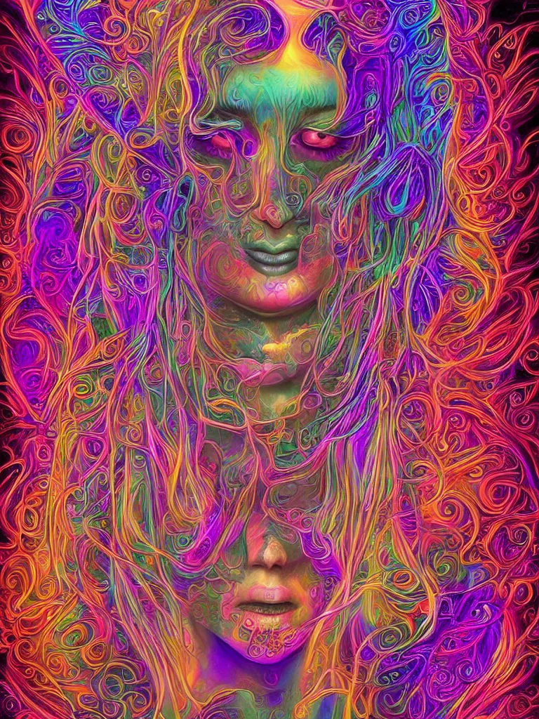 Image similar to psychedelic dmt goddess by alex grey + hyper realistic, 8k, artstation + sharp render