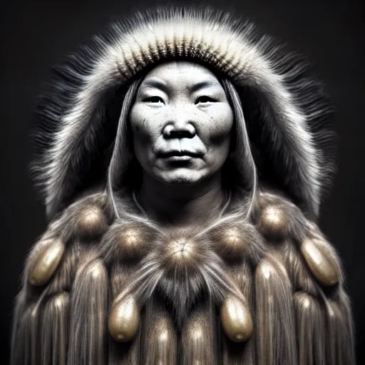 Image similar to a beautiful surreal illustration of an inuit shaman, highly detailed, liquid oilpaint, doug chiang, gustave dore, leonardo da vinci, trending on artstation, industry, lucid and intricate, rectilinear, digital art, octane, redshift, vray, 8 k, 6 4 megapixels, zbrush central, behance hd, hypermaximalist, well rendered