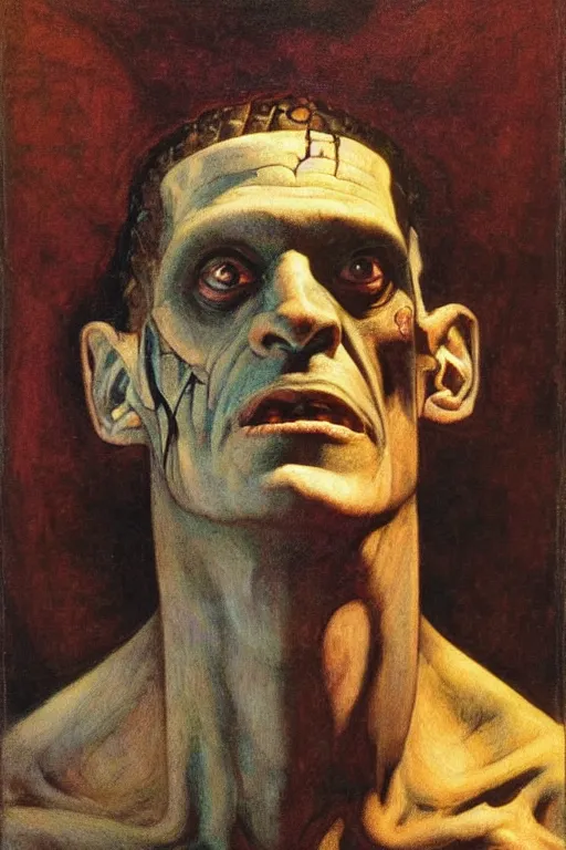 Image similar to a portrait of Frankenstein, by Annie Swynnerton and Nicholas Roerich and Jean Delville, dramatic cinematic lighting, extremely detailed