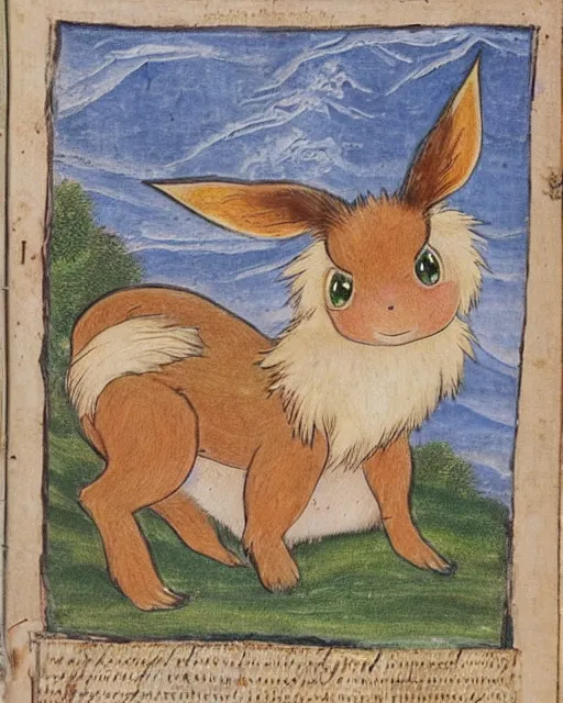 Image similar to a manuscript painting of Eevee in the style of the Rochester Bestiary, Ashmole Bestiary