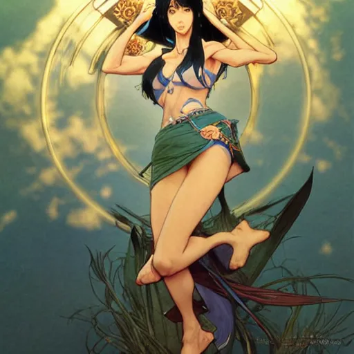 Image similar to highly detailed vfx portrait of nico robin by eiichiro oda, makoto shinkai, alphonse mucha, sharp focus, art by artgerm and greg rutkowski!, backlit, harsh overhead sunlight, blue eyes, stanley kybric, kaoru mori, hyper detailed, smooth pixiv, fanbox,