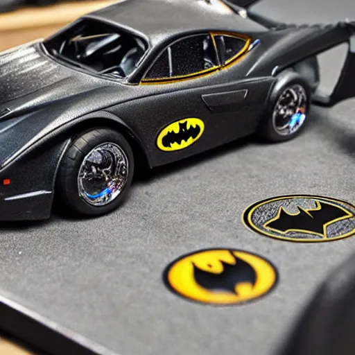 Image similar to 3 5 mm photo of metallic black batman car like hot wheels model with a batcave as background