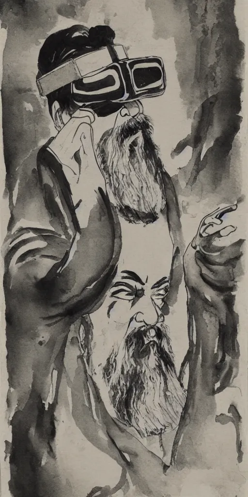 Image similar to confucius wearing vr headset, chinese ink painting