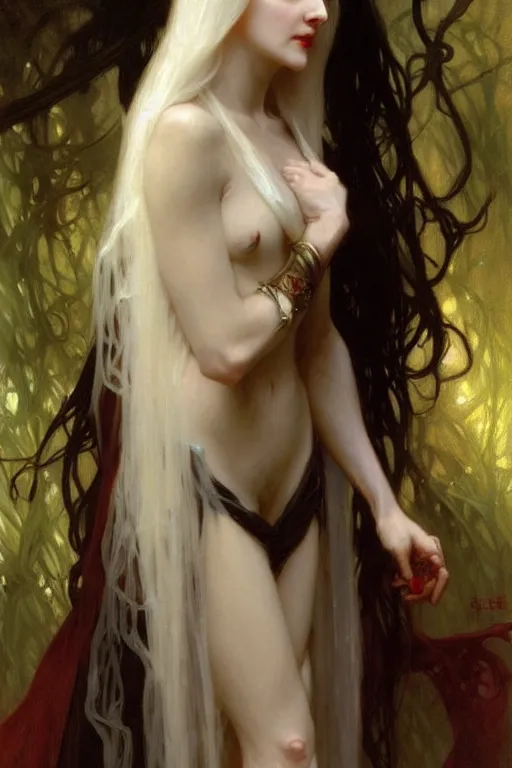 Image similar to vampire lady with long white hair, painting by daniel gerhartz, alphonse mucha, bouguereau, detailed art, artstation