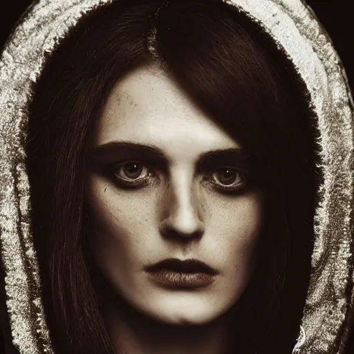 Prompt: an emotionally intense portrait closeup 5 0 mm studio portrait photograph by mert alas of morgan le fay, a powerful and ambiguous enchantress from the arthurian legends, gazing at the camera with an intelligent and thoughtful look.