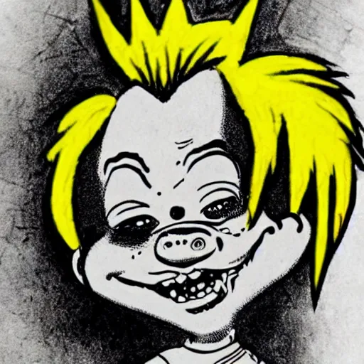 Image similar to grunge cartoon drawing of chucky by - dr seuss , loony toons style, horror themed, detailed, elegant, intricate