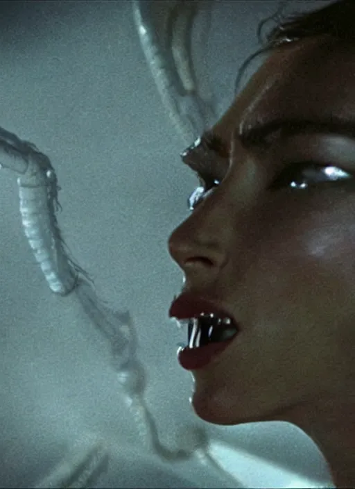 Image similar to movie still of kim kardashian looking up as she's being swallowed by an xenomorph, in the movie alien. goo, saliva, sweat, oily substances.