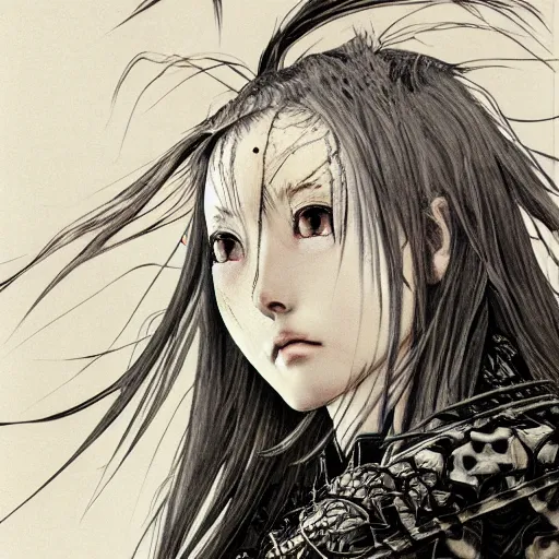 Image similar to Yoshitaka Amano realistic illustration of an anime girl with black eyes, wavy white hair fluttering in the wind and cracks on her face wearing Elden ring armour with engraving, abstract black and white patterns on the background, noisy film grain effect, highly detailed, Renaissance oil painting, weird portrait angle, blurred lost edges, three quarter view