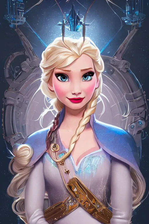Image similar to elsa from frozen as steampunk cyborg princess, blonde hair, high fantasy, dnd, smooth, sharp focus, illustration, highly detailed, digital painting, artstation, concept art, by disney animation, rossdraws, alphonse mucha, frank fanzzeta, collectible card art