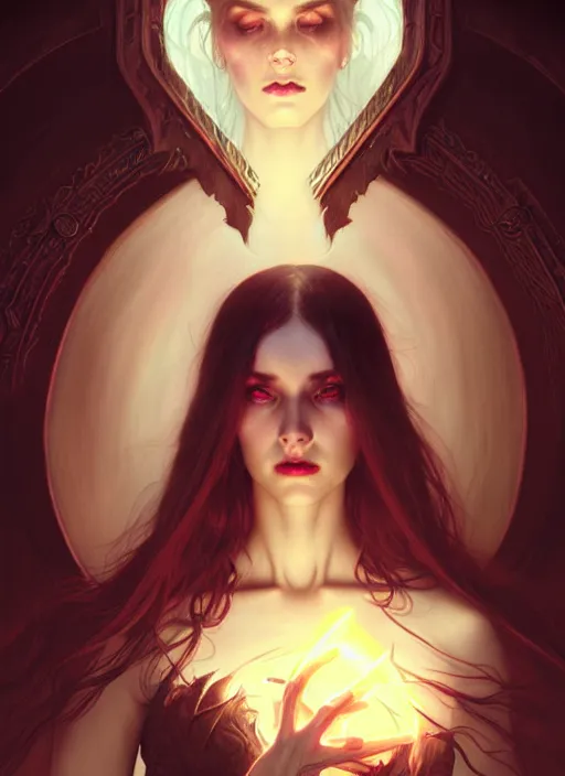 Image similar to Necromancer Sorceress, fantasy magic, undercut hairstyle, dark light night, intricate, elegant, sharp focus, illustration, highly detailed, digital painting, concept art, matte, art by WLOP and Artgerm and Greg Rutkowski and Alphonse Mucha, masterpiece