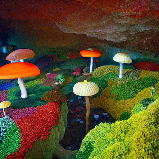 Prompt: a colorful fungus garden in a cave, birds eye view, Hiroo Isono, dark, foggy, cavern, shy beetles, river running through it